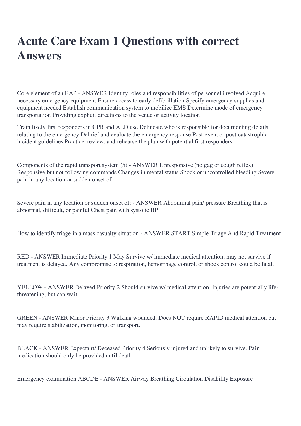 Acute Care Exam 1 Questions with correct Answers Browsegrades